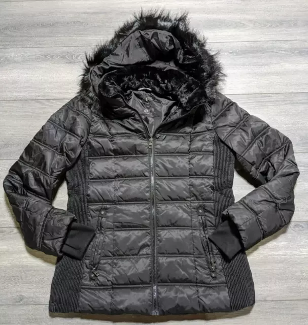 NAUTICA Womens Medium Black Puffer Faux Fur Hooded Coat Preowned