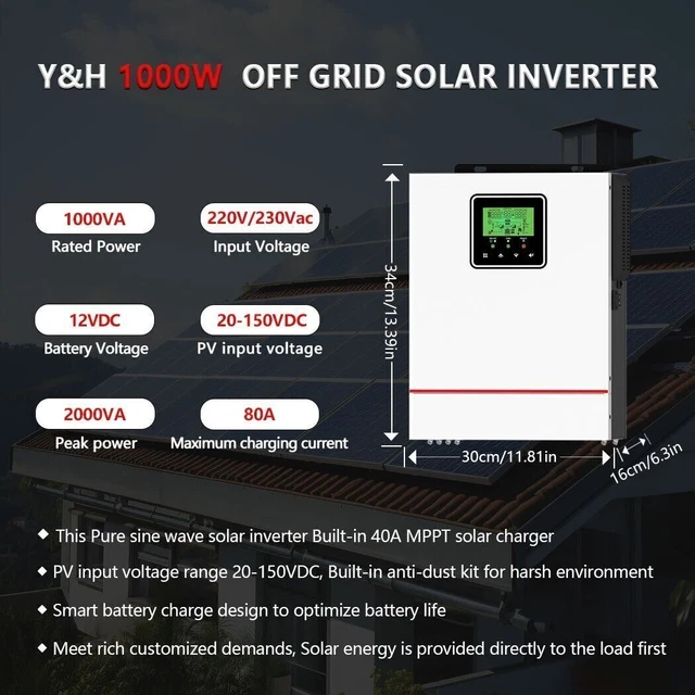 1000VA 12V HYBRID Solar Inverter Pure Sine Wave MPPT40A Max PV 600W ...