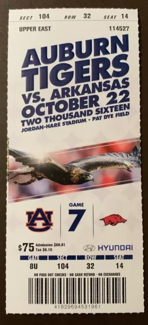 Auburn Tigers 10/22/2016 NCAA football ticket stub vs Arkansas Razorbacks