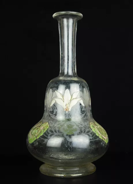 Carafe à alcool ancienne en verre émaillé gravée à l'acide vers 1900 Karaffe