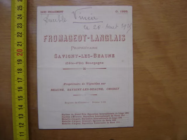 1925 Tarif Fromageot Langlais Viticulteur Savigny les Beaune VIN VIGNES