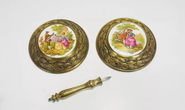 Antique Vtg Pair Brass & Porcelain Curtain Tie Backs French Couple Ladies Large