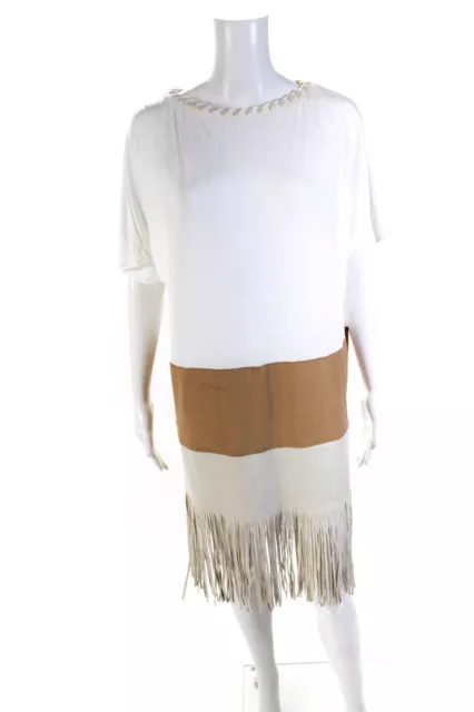 La Perla Womens White Brown Color Block Fringe Cap Sleeve Shift Dress Size 44