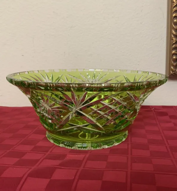 Vintage Bohemian Yellow-Green Cut Color Crystal Bowl Large 11”