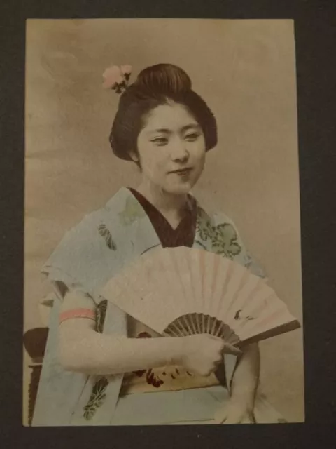 Japanerin mit Fächer - kol. Photographie Porträt Tracht Mode Japan Asiatika 1900