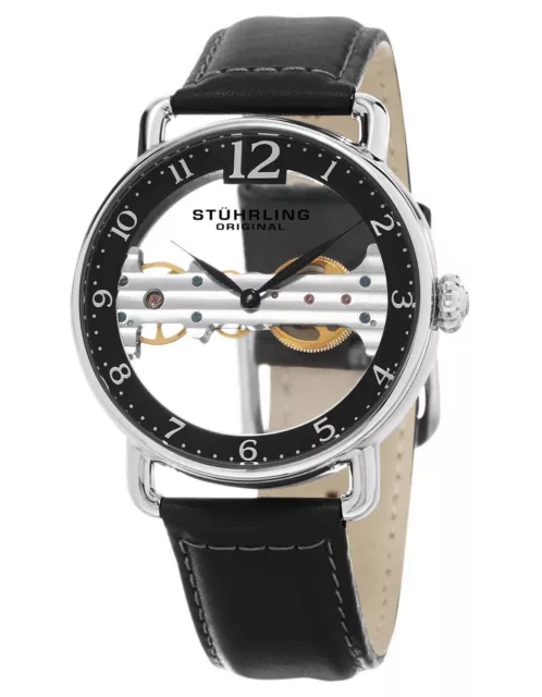 Orologio Stuhrling Uomo Uomo Ponte Esposto Quadrante Meccanico Scheletro Nero 976.01