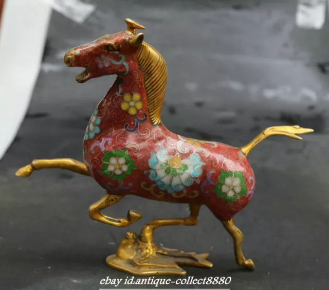 8.7" Chinese Red Cloisonne Enamel Bronze Animal Horse Tread Fly Swallow Statue