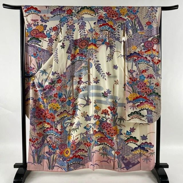 Japanese Kimono Furisode Pure Silk Shouchikubai Flowers And Birds Gradation
