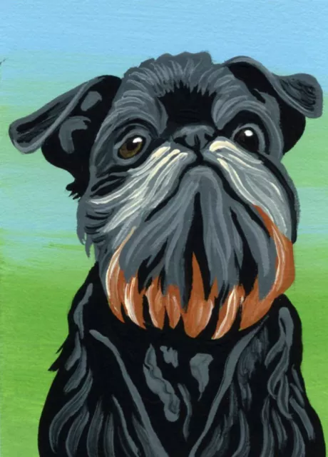 ACEO ATC Original Miniature Painting Black Brussels Griffon Dog Pet Art-C. Smale