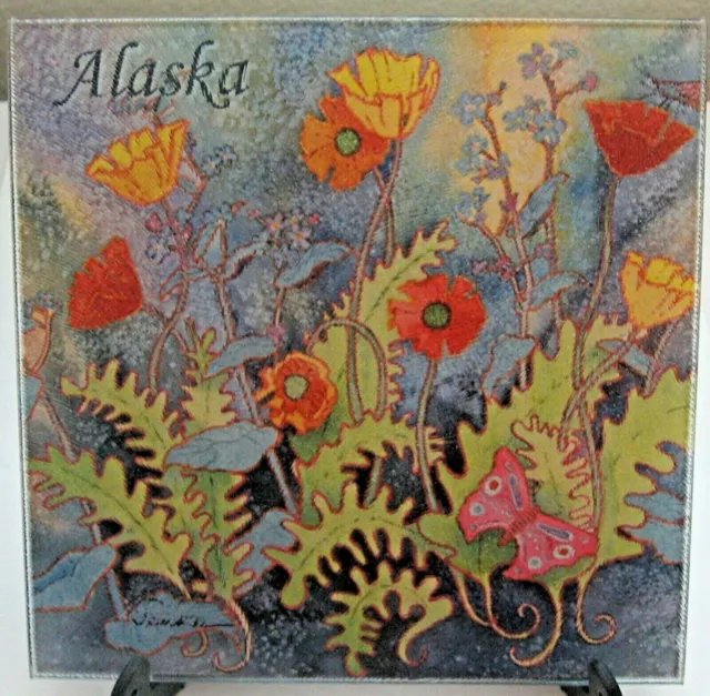Tuftop Tempered Glass Trivet Alaska Flowers Ferns Butterfly McGowan Mfg USA