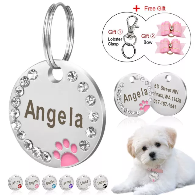 Personalised Dog Tags Disc Disk Paw Rhinestone Pet Cat ID Name Collar Tag Pink