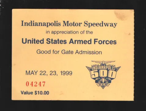 Indianapolis 500 Ticket Stub 5/22/1999-U.S. Armed Forces Ticket Stub-May 22 o...