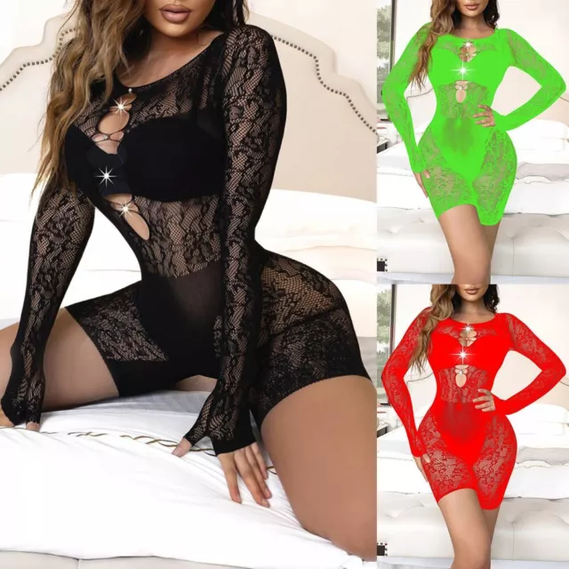 Womens Bodysuit Sleepwear Ladies Sexy Lingerie Shiny Rhinestone Jumpsuit