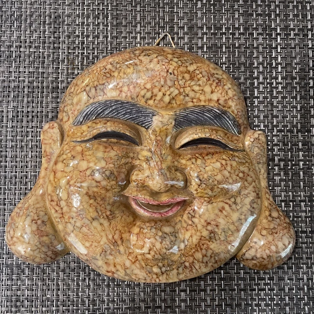 Wall Mask Laughing Smiling Happy Buddha Head Statue Hand Carved Sculpture 8” T