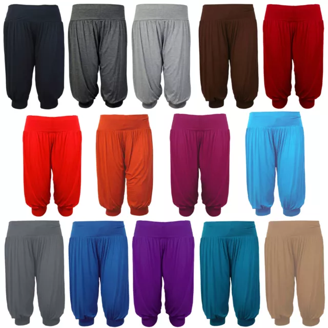 New Ladies 3/4 Harem Baggy Shorts Women Plain Cropped Ali Baba Trouser Pant 8-16