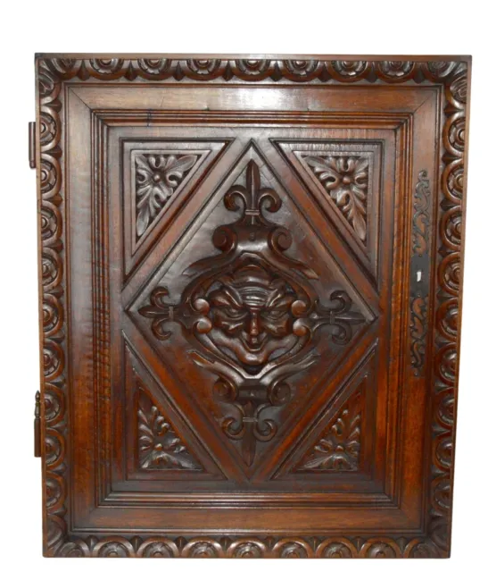 French Antique Gothic Hand Carved Walnut Wood Door Panel - Renaissance Mascaron