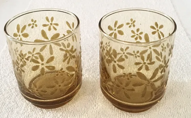 2 Vtg Libbey Gold Bouquet Amber Yellow 5 Oz Juice Glasses Embossed Flower MCM