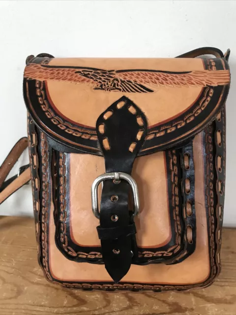 Vtg 70s Handtooled Leather Aztec Mayan Eagle Stencil Satchel Shoulder Bag Purse