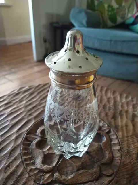 Antique Etched Glass Sugar Sifter With Solid Silver Lid