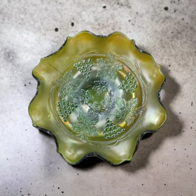 Fenton Grape & Cable Eight Ruffle Bowl 7” Antique Marigold Carnival Glass 1920s
