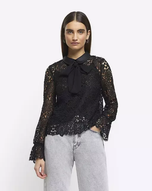 River Island Womens Black Lace Long sleeved Shell Top Size 14