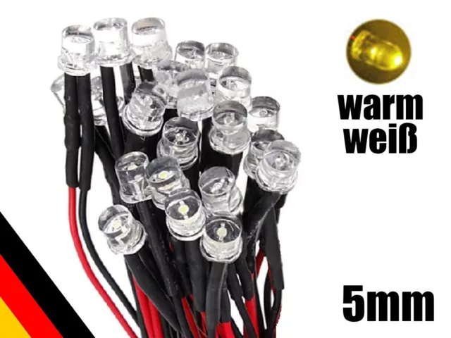 10, 25 oder 50 Stück 5mm LEDs Flachkopf warm weiß 20cm Kabel 9-12V DC Widerstand