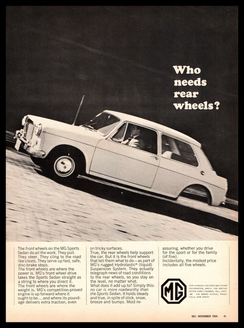 1964 MG Sports Sedan "Who Needs Rear Wheels?" Hydrolastic Suspension Print Ad
