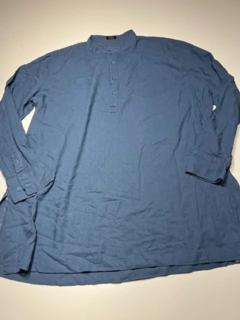 Coofandy Partial Button Shirt Mens XXL Blue Collarless Linen Blend Sides Split
