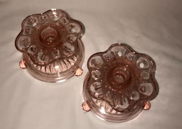 Anchor Hocking OPEN LACE EDGE/OLD COLONY* PINK* CANDLESTICKS*PAIR* 3