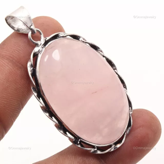 Rose Quartz Gemstone Pendant Handcrafted Silver Plated Designer Jewelry 2.1"