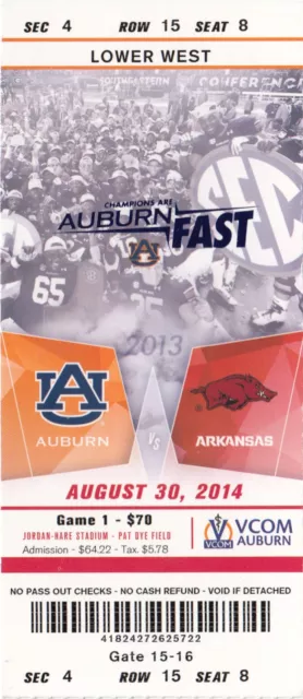 2014 Auburn Tigers Vs Arkansas Razorbacks Ticket Stub 8/30/14 College Football