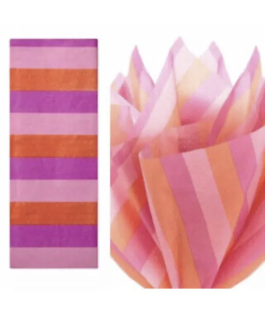 3- Papel de tejido a rayas cálidas sello distintivo 6 hojas rosa claro rosa y naranja lote 3