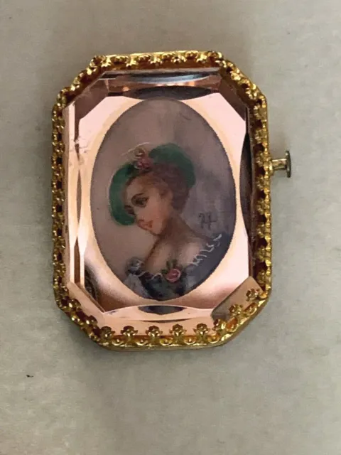 Superb Antique French Brooch - Oil painting under a Faceted Glass (numbered 77)
