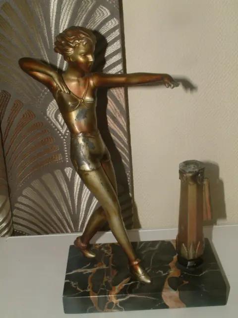 Original Art Deco Lorenzl Spelter Lady Striker On Portoro Marle Base