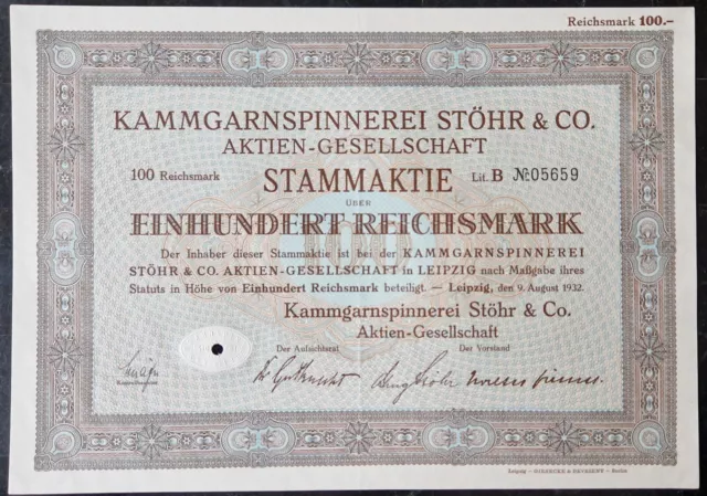 Kammgarnspinnerei Stöhr & Co. AG Leipzig, 1 Stammaktie über nominal 100 RM, 1932