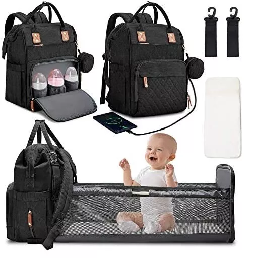 3 in 1 Baby Diaper Bag Backpack Changing Station Nappy Bassinet Crib Travel Bag