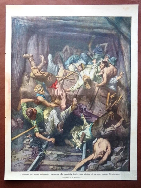 Retrocopertina Domenica Corriere nr. 48 del 1910 Vagoncino Miniera di Birmingham