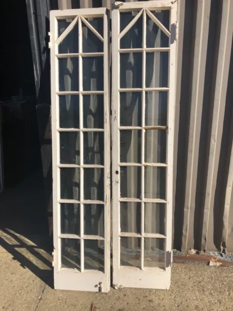 pair vintage French doors unique mission Tudor style 75.5 x 16 x 1.5” old glass