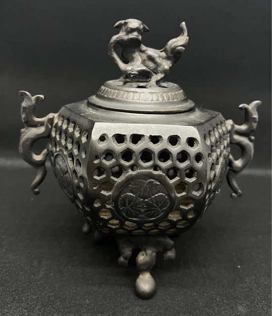 Antique Watermark Pattern Bronze Koro incense burner Statue 7.4 inch Japanese