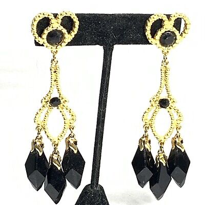 VTG 80s Black Bead Gold Dangle Earrings Etruscan Revival Open LG Heart Teardrop