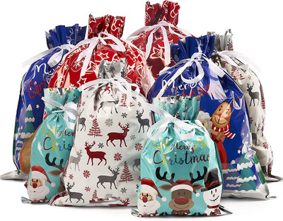 Souleader Sacchetti Caramelle Natalizi 4Pcs,Sacchetti Regalo di Natale Coulisse Sacchetti Set Sacchetti Regalo Caramelle Natalizi con Pupazzo di Neve Babbo Natale Cervo Pinguino 