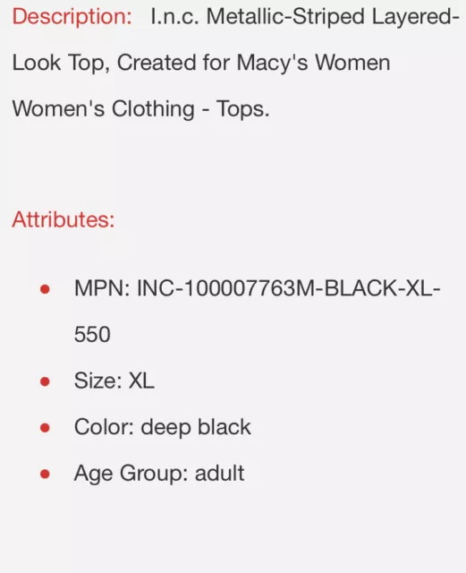 INC International Concepts Black Metallic Striped Layered Look Top XL Nwts $69 2