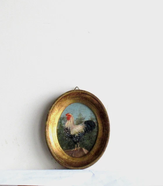 Cadre Ancien Bois Dore Peinture Miniature  Huile Sur Toile "Coq Sur Un Toit"