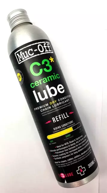 New Muc-Off C3 Premium Dry Weather Lube Refill 300ml –MTB & Road-Metal Bottle