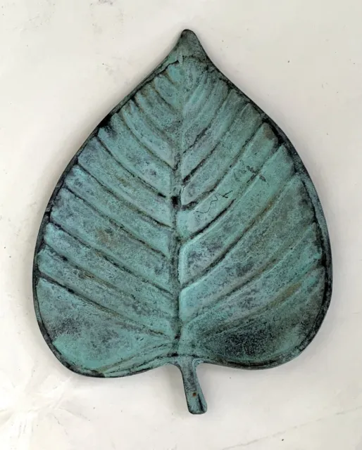 Heart Shaped Leaf Cast Brass Metal Verdigris Trinket Dish,  Pin Tray Linden Leaf