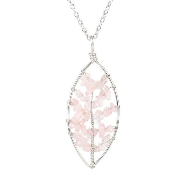 Natural Rose Quartz Tree of Life Leaf Pendant Necklace Healing Reiki Amulet