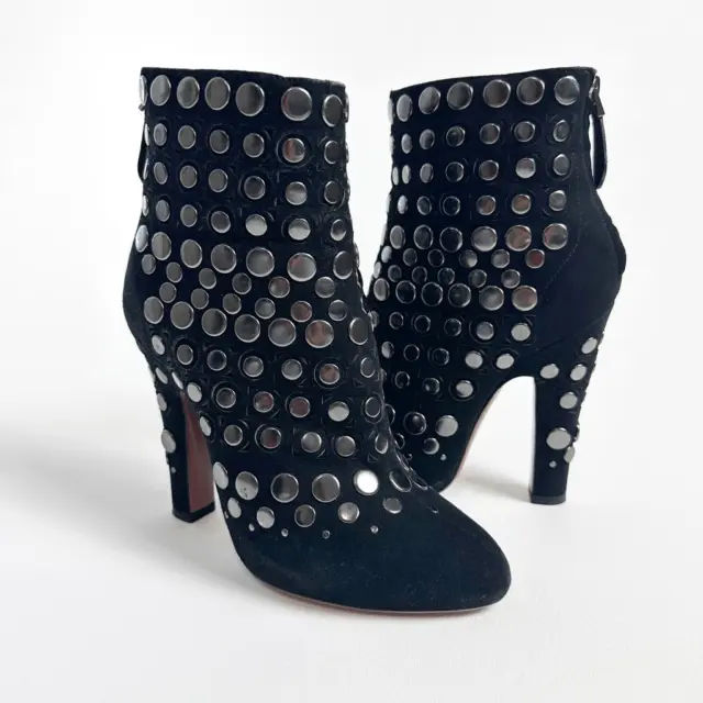 ALAIA Studded Boots Black 36.5 US 6 Leather Bootie Laser Cut Heel Suede Leather