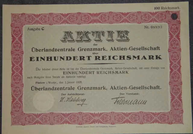 Überlandzentrale Grenzmark, Aktien-Gesellschaft 1928 100 RM