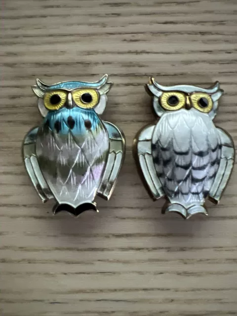 Vintage David Andersen Sterling Enamel Owl Brooch - Signed Pin Norway - Lot Of 2