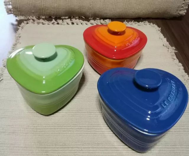 Le Creuset Ramequín D'Amour Conjunto De 3 de Gres Naranja Verde Azul Usado